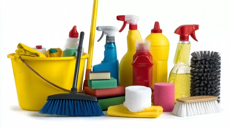 Gewerbliche Reinigungsprodukte mit Besen und Eimer