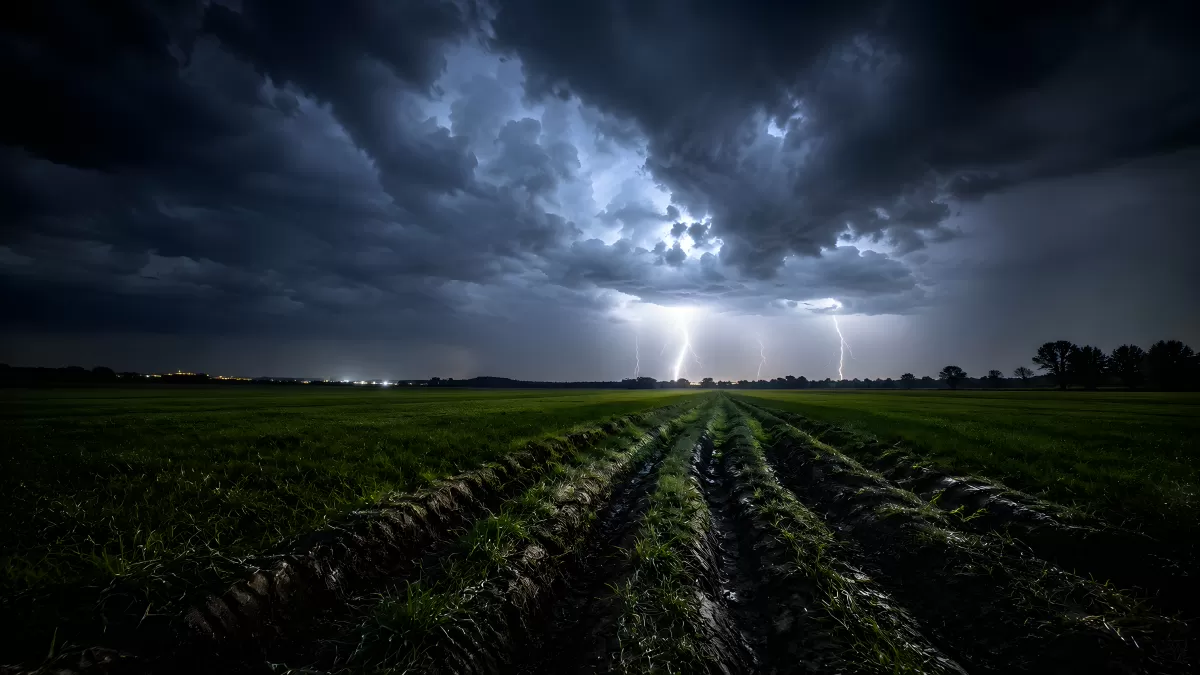 Gewitter über Ackerfeld mit Blitzen in der Nacht