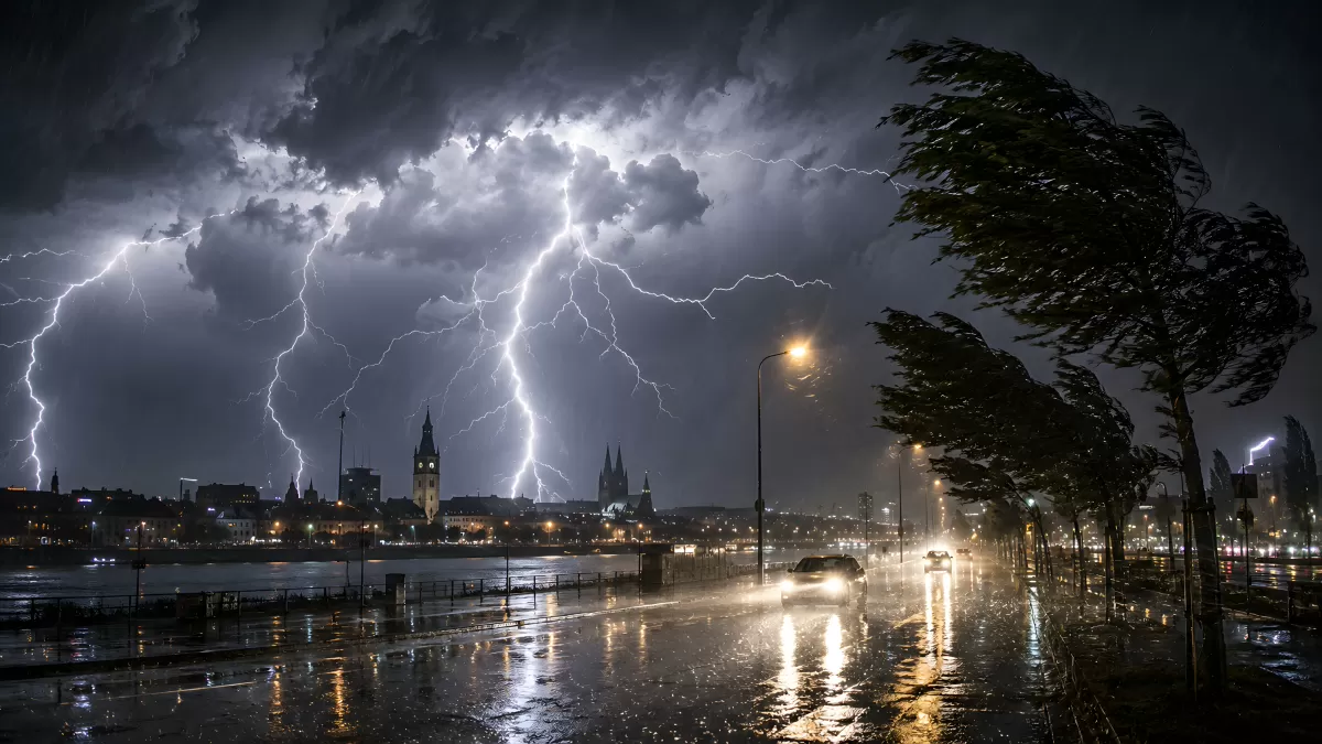 Gewitter über der Stadt bei Nacht mit Blitzen