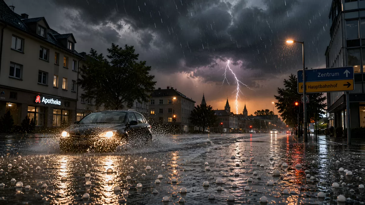 Gewitter über deutscher Stadt mit Überschwemmung