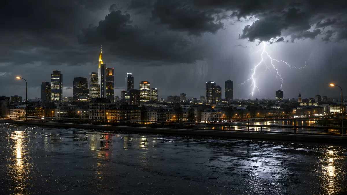 Gewitter über Frankfurter Skyline bei Nacht