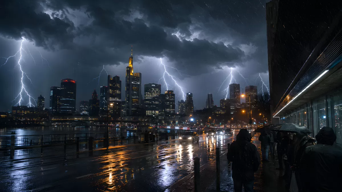 Gewitter über Frankfurter Skyline bei Starkregen