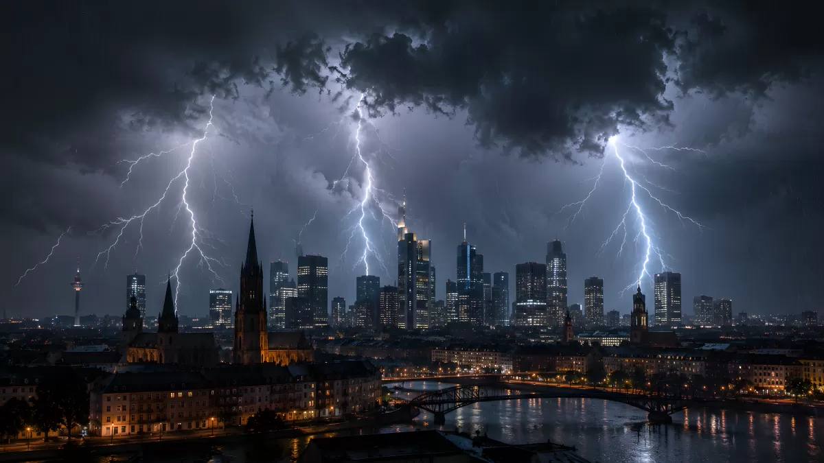 Gewitter über Frankfurter Skyline mit Blitzen