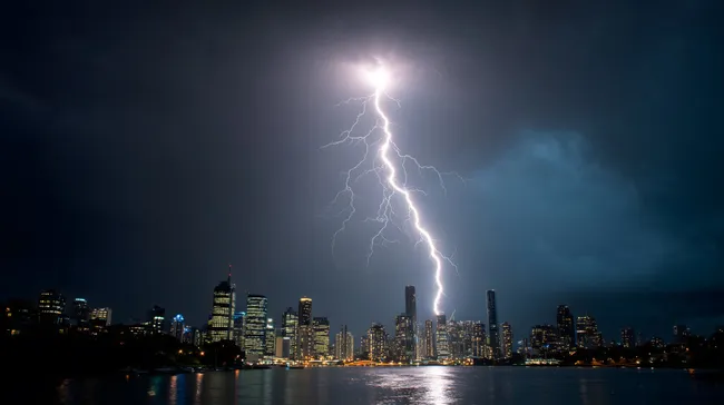 Gewitterblitz über Großstadt bei Nacht