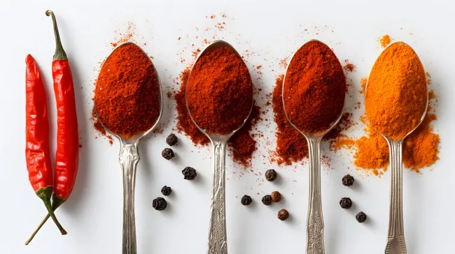 Gewürze und Chilischoten auf silbernen Löffeln