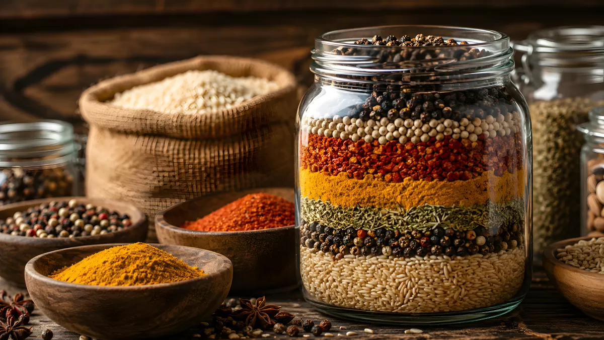 Gewürzglas mit bunten Schichten aus Küchenkräutern