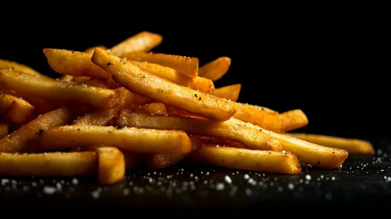 Gewürzte Pommes mit Salz auf dunklem Untergrund gestapelt