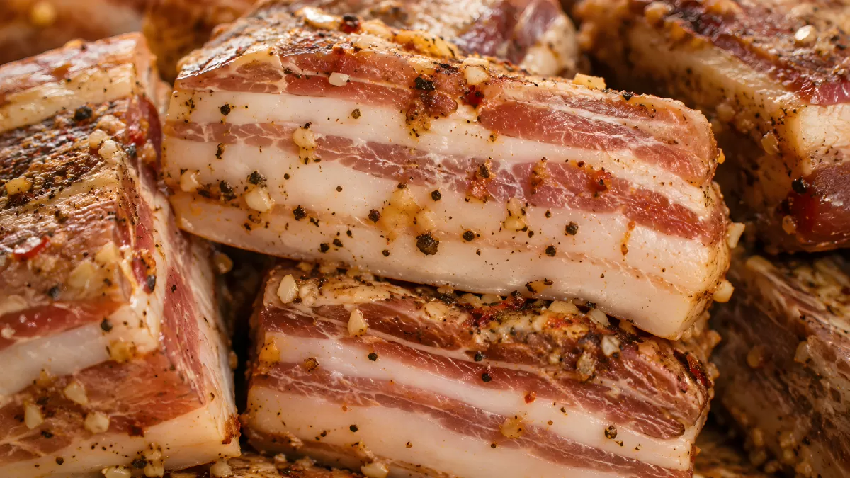 Gewürzter Schweinebauch in Scheiben – Nahaufnahme