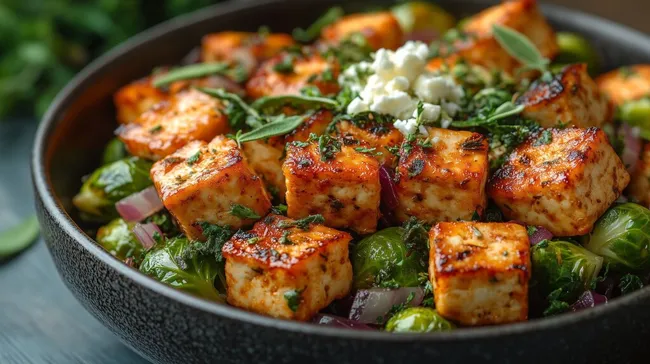 Gewürzter Tofu-Salat mit Rosenkohl und Kräutern