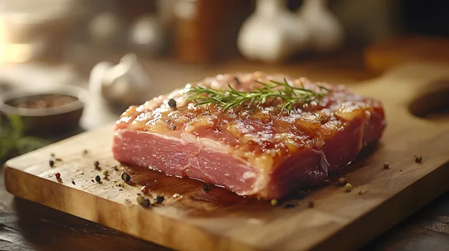 Gewürztes Schweinefleisch auf Holzbrett