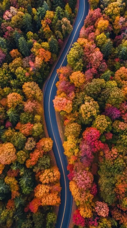 Gewundene Herbststraße durch bunten Waldlandschaft