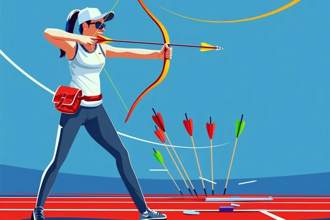 Gezielte Bogenschützin auf Laufbahn mit Pfeilgarnitur