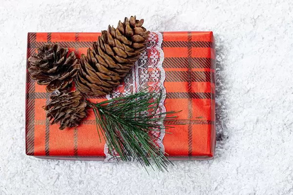 Gift box for the New year decorated with Christmas tree branches and cones on the background of snow (Flip 2019)