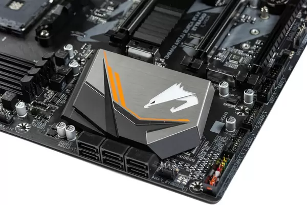Gigabyte Aorus logo on the computer motherboard (Flip 2019)