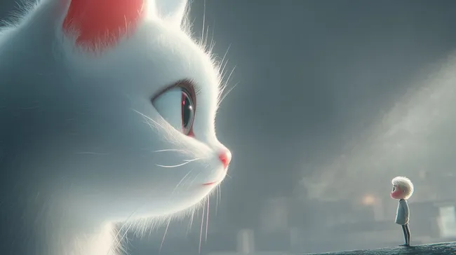 Gigantische Katze und winzige Figur in epischer Landschaft