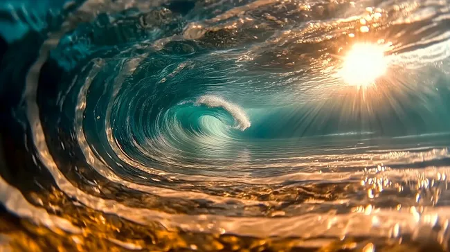 Gigantische Meereswelle mit goldenem Sonnenlicht