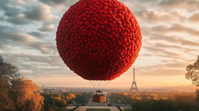 Gigantischer Rosenballon über Paris zum Sonnenuntergang