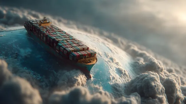 Gigantisches Containerschiff schwebt über Wolkenlandschaft