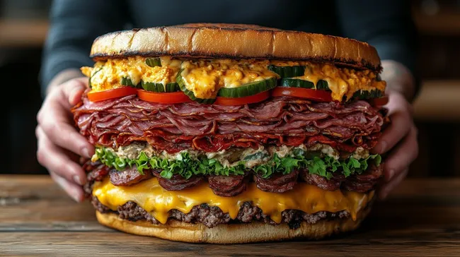 Gigantisches, mehrschichtiges Sandwich mit Fleisch, Käse und Gemüse
