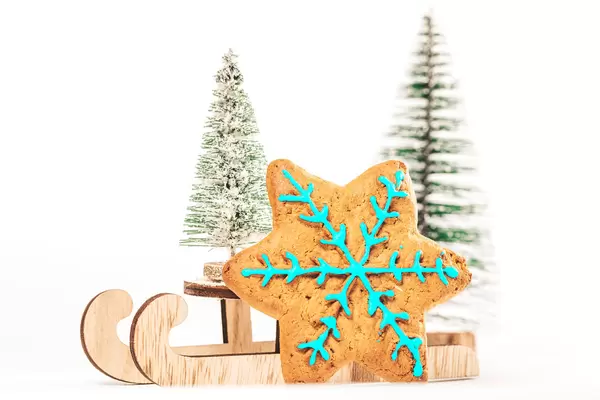 Gingerbread cookie in snowflake shape with sleighs on the background of snow and xmas trees