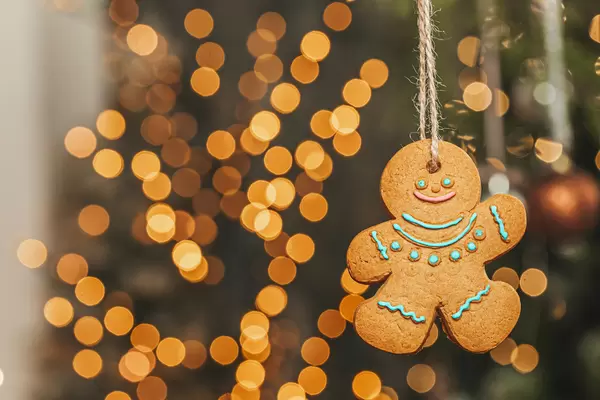 Gingerbread man on new year bokeh background