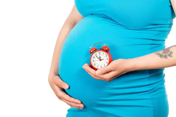Girl with a big pregnant belly and a red alarm clock in her hand. Baby expectation concept