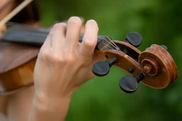 Girl's hand on the strings of a violin, close up