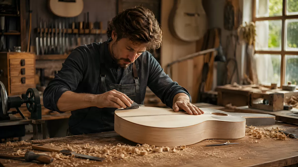 Gitarrenbauer schleift Gitarrenkorpus in Werkstatt