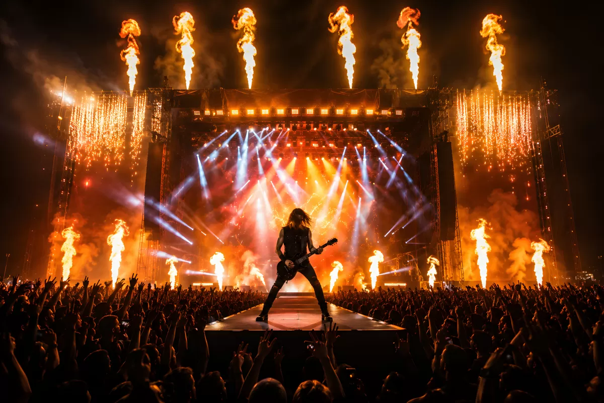 Gitarrist auf Bühne mit Flammen und Lichtshow