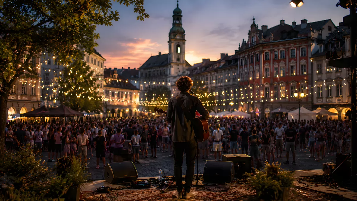 Gitarrist spielt auf beleuchtetem Stadtplatz bei Dämmerung
