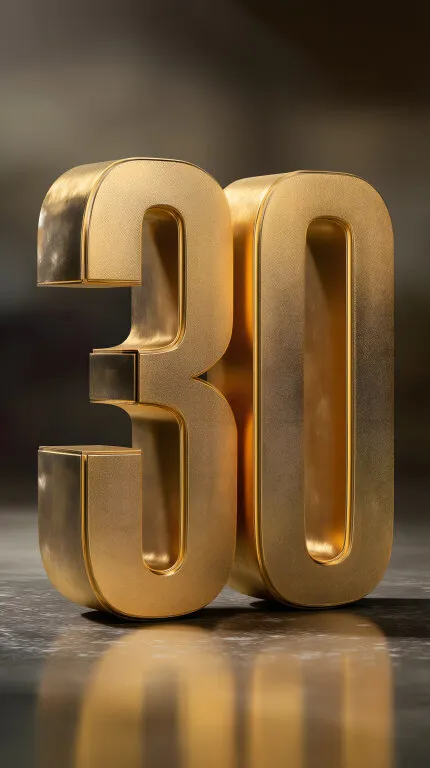 Glänzende goldene 30 auf reflektierender Oberfläche