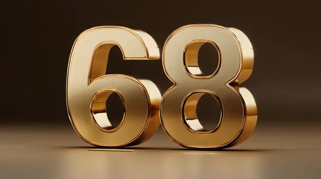 Glänzende goldene 3D-Zahlen 68 auf dunklem Hintergrund
