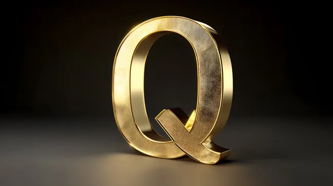Glänzende goldene Buchstaben Q auf dunklem Hintergrund