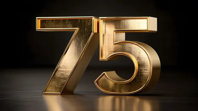 Glänzende goldene Metallzahl 75 auf dunklem Hintergrund