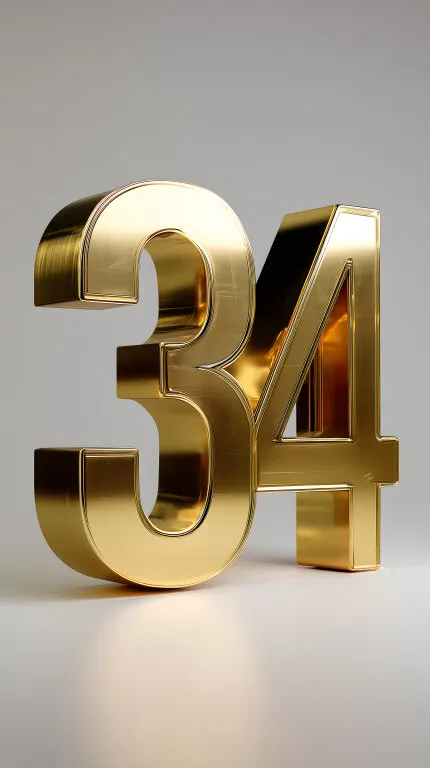 Glänzende goldene Nummer 34 auf hellem Hintergrund