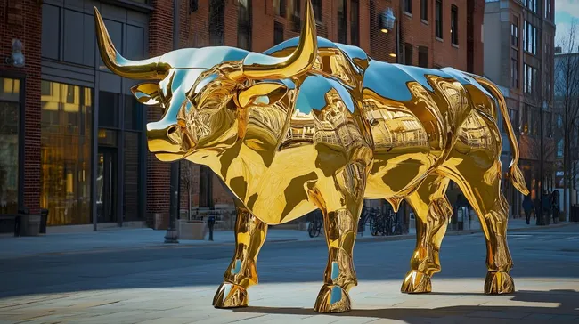Glänzende goldene Stierstatue in urbaner Umgebung