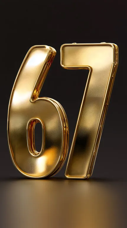 Glänzende goldene Zahl 67 auf schwarzem Hintergrund