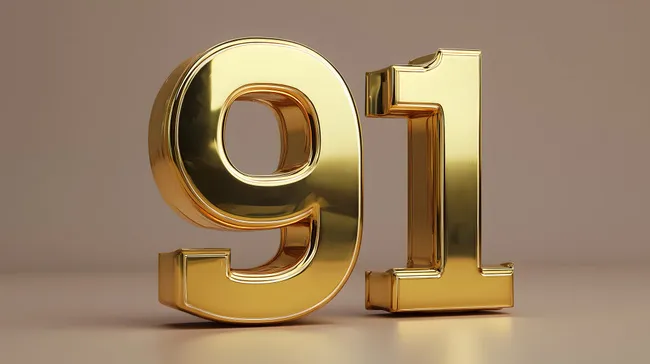 Glänzende goldene Zahl 91 auf hellem Hintergrund