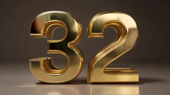 Glänzende goldene Zahlen 32 auf dunklem Hintergrund