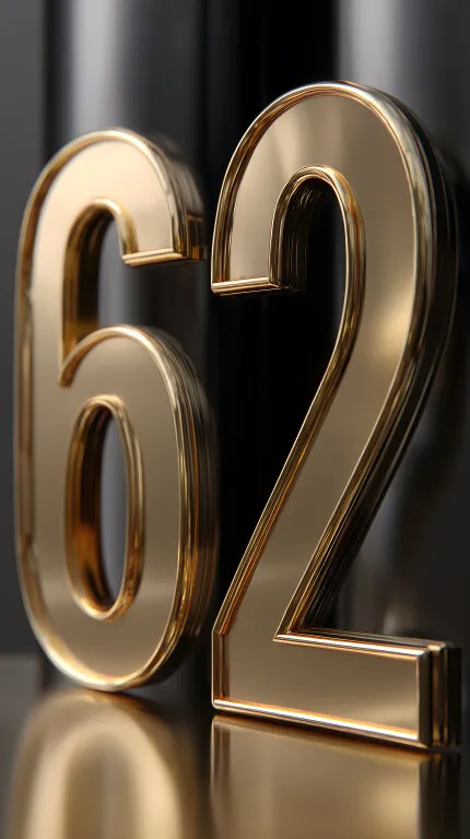 Glänzende goldene Zahlen 62 auf dunklem Hintergrund