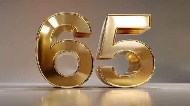 Glänzende Goldene Zahlen 65 auf hellem Hintergrund