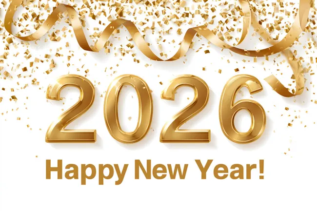 Glänzende goldene Ziffern 2026 mit Konfetti-Hintergrund