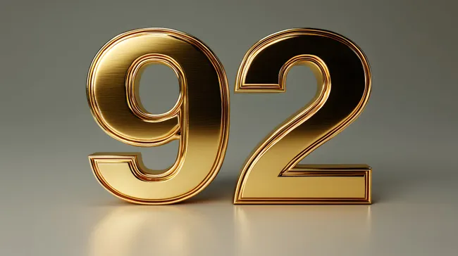 Glänzende goldfarbene Zahlen 92 auf Grauton-Hintergrund