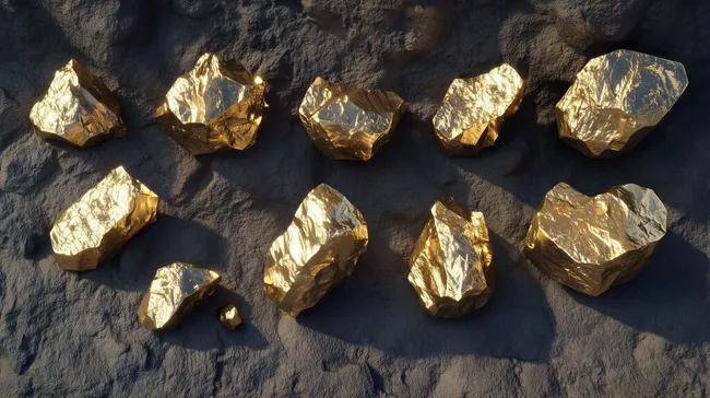 Glänzende Goldnuggets auf dunkler Oberfläche