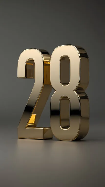Glänzende Goldzahl 28 auf grauem Hintergrund