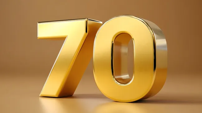 Glänzende Goldzahl 70 auf braunem Hintergrund