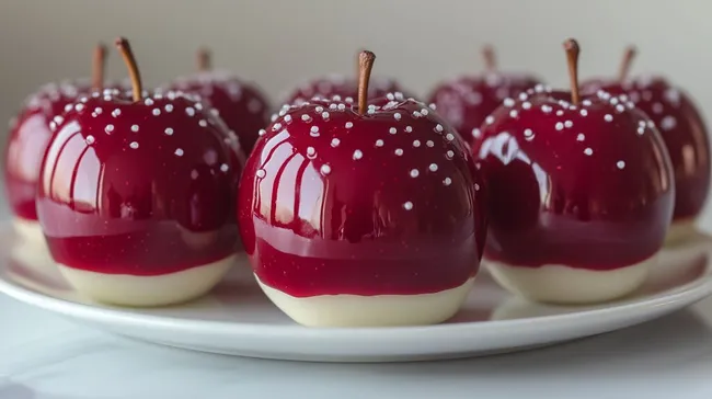 Glänzende, kandierte Äpfel auf weißer Platte