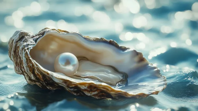 Glänzende Perle in Perlmutt-Muschel auf Meeresoberfläche