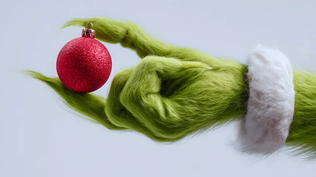 Glänzende rote Weihnachtskugel in grünem Pelz