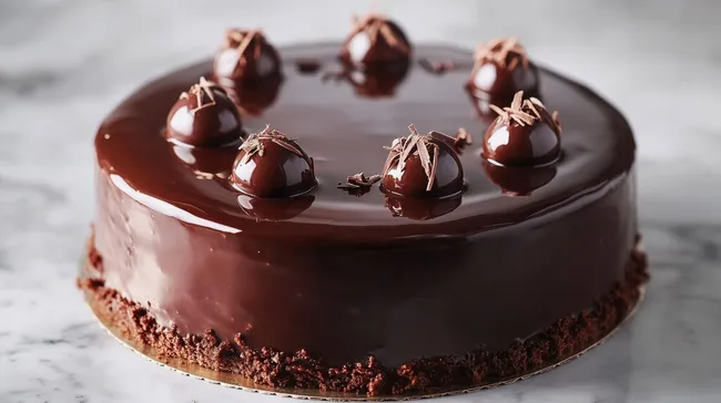 Glänzende Schokoladen-Torte mit Pralinen-Dekor